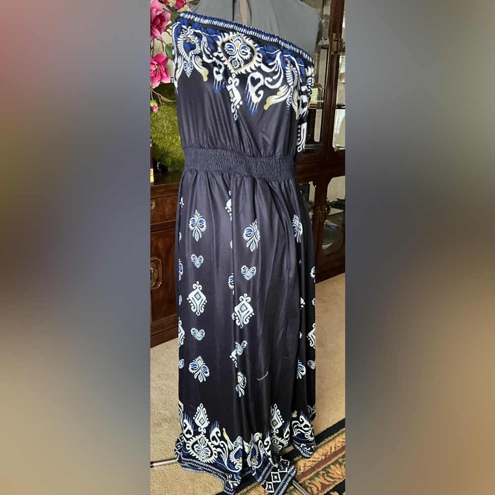 Navy Printed A-Line Maxi Sleeveless Dress